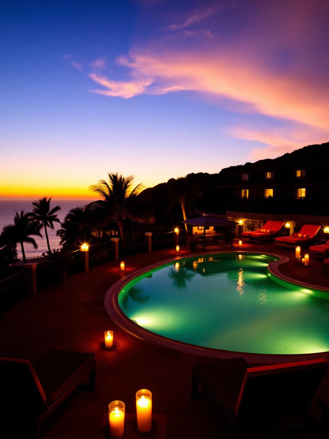 Terraza de hotel de lujo iluminada con velas al atardecer